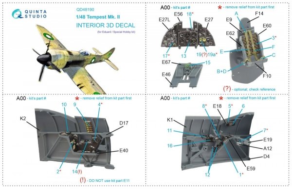 Quinta Studio QD48190 Tempest Mk.II 3D-Printed &amp; coloured Interior on decal paper (Eduard) 1/48