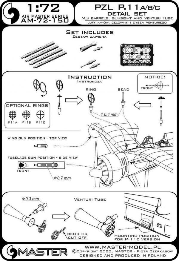 Master AM-72-150 PZL P.11a/b/c  - zestaw detali - lufy karabinu wz. 33, celowniki oraz dysza Venturiego 1/72