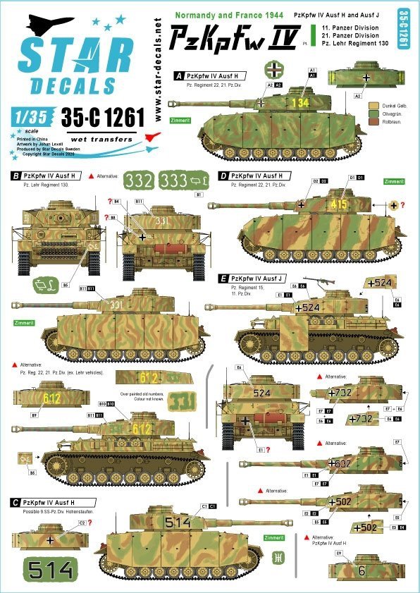 Star Decals 35-C1261 PzKpfw IV in Normandy and France # 1 1/35