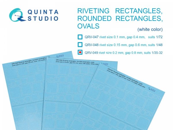 Quinta Studio QRV-049 Riveting rectangles, rounded rectangles and ovals (rivet size 0.2 mm, gap 0.8 mm, suits 1/35-32), White color 1/32