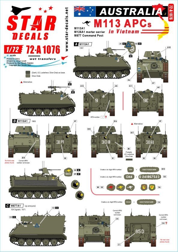 Star Decals 72-A1076 Australia in Vietnam # 2. Aussie M113 APCs. M113A1, M125A1 and M577 1/72