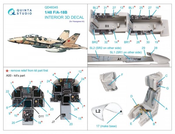 Quinta Studio QD48345 F/A-18B 3D-Printed &amp; coloured Interior on decal paper (Hasegawa) 1/48