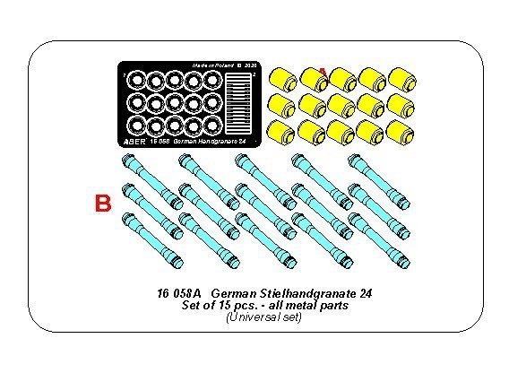 Aber 16058A Zestaw niemieckich ręcznych granatów - metalowe części x15 szt. 1/16