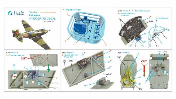 Quinta Studio QD+32241 MiG-3 3D-Printed &amp; coloured Interior on decal paper (Trumpeter) (with 3D-printed resin parts) 1/32