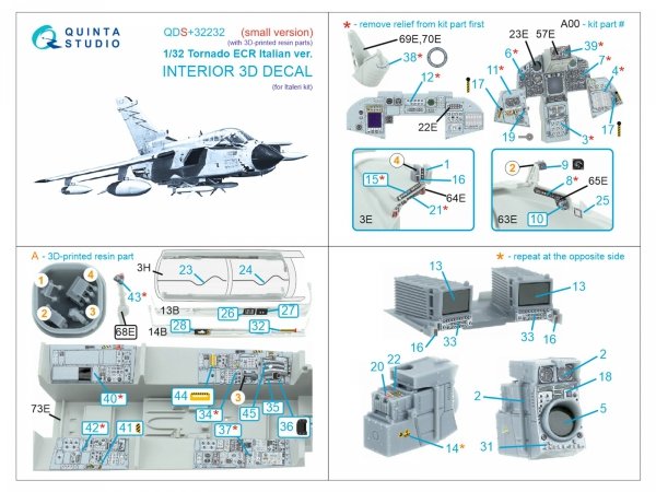 Quinta Studio QDS+32232 Tornado ECR Italian 3D-Printed &amp; coloured Interior on decal paper (Italeri) (Small version) (with 3D-printed resin parts) 1/32