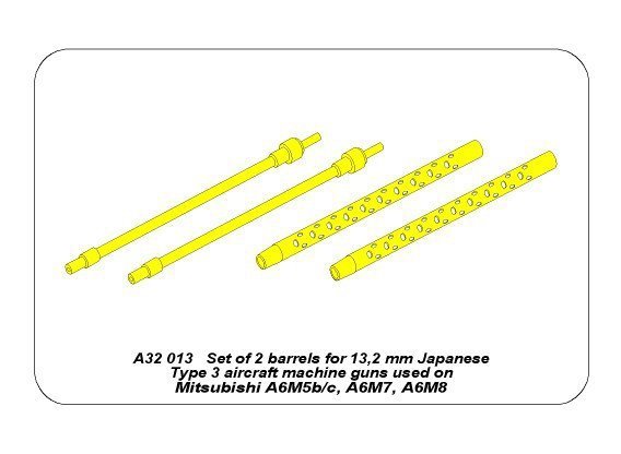 Aber A32013 Set of 2 barrels for 13,2 mm Japanese Type 3 aircraft machine guns used on Mitsubishi A6M5b/c, A6M7, A6M8 (1:32)