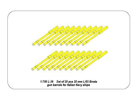 Aber 1:700L-038 Set of 20 pcs 20 mm L/65 Breda gun barrels for Italian Navy ships 1/700