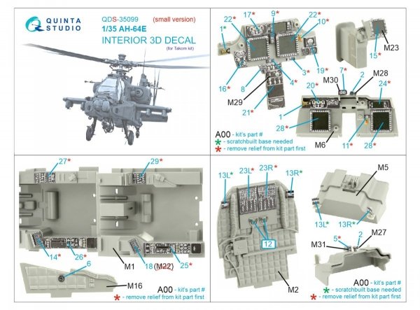 Quinta Studio QDS35099 AH-64E 3D-Printed &amp; coloured Interior on decal paper (Takom) (Small version) 1/35