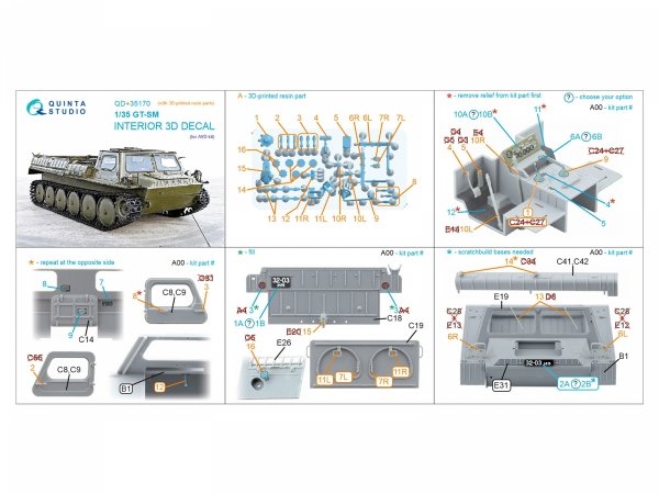 Quinta Studio QD+35170 GT-SM 3D-Printed &amp; coloured Interior on decal paper (AVD) (with 3D-printed resin parts) 1/35
