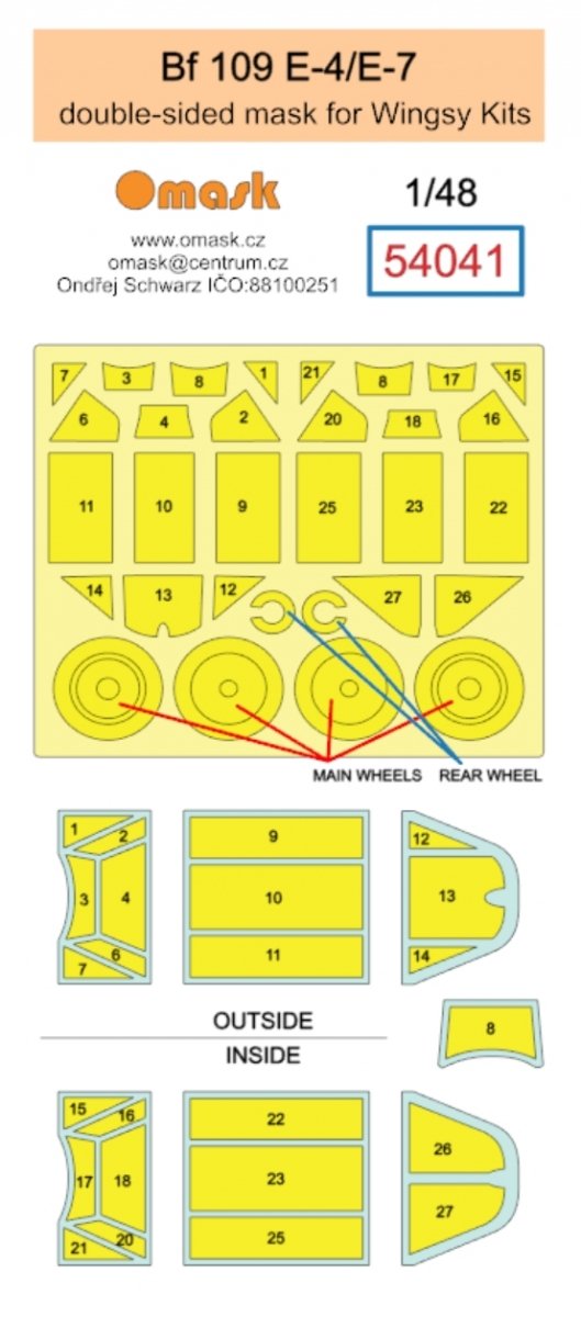 Omask 54041 Bf 109 E-4 / E-7 double-sided mask (for Wingsy Kits) 1/48
