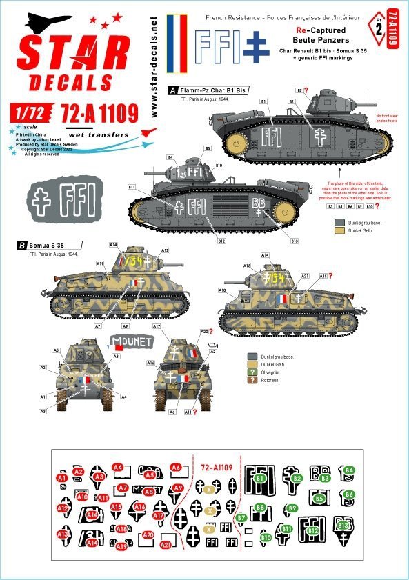 Star Decals 72-A1109 FFI # 2. Re-captured Beute-Panzers. French Resistance - Forces Françaises de l'Intérieur 1/72