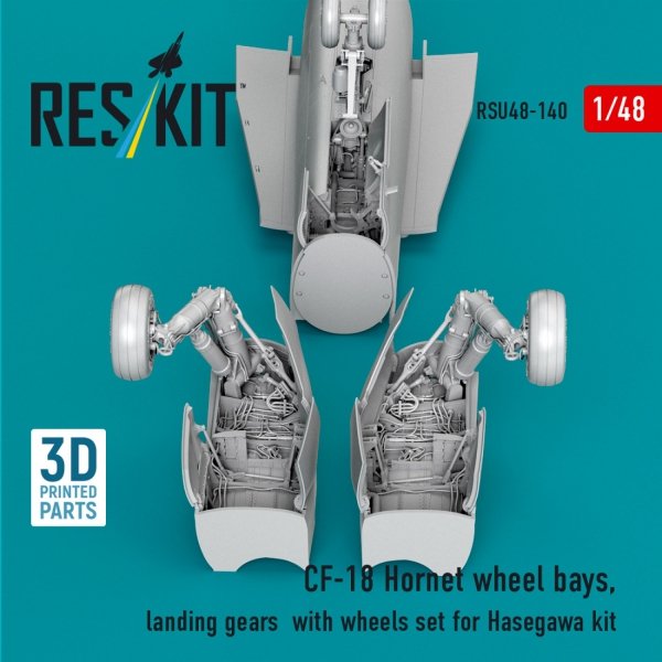 RESKIT RSU48-0140 CF-18 Hornet wheel bays, landing gears with wheels set for Hasegawa kit (3D Printed) (1/48)