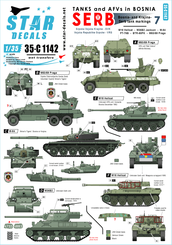 Star Decals 35-C1142 Serbian (SVK and VRS) M18 Hellcat, M36B2 Jackson, M84, PT-76B, BTR-50PK, M53/59 Praga SPAAG 1/35