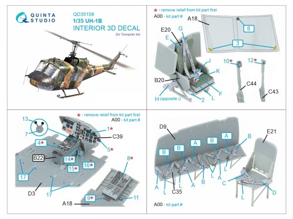 Quinta Studio QD35158 UH-1B 3D-Printed &amp; coloured Interior on decal paper (Trumpeter) 1/35
