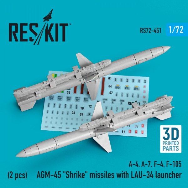 RESKIT RS72-0451 AGM-45 &quot;SHRIKE&quot; MISSILES WITH LAU-34 LAUNCHER (2 PCS) (3D PRINTED) 1/72