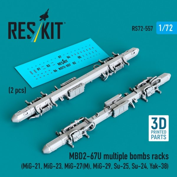 RESKIT RS72-0557 MBD2-67U multiple bombs racks (2 pcs) (MiG-21, MiG-23, MiG-27(М), MiG-29, Su-25, Su-24, Yak-38) (3D Printed) (1/72)