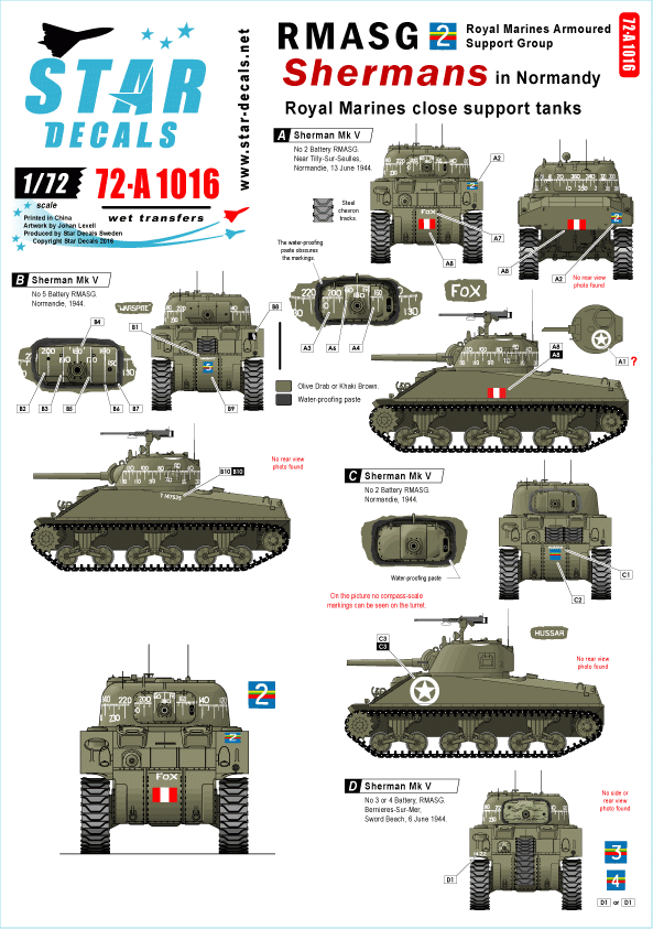 Star Decals 72-A1016 RMASG Sherman. Royal Marines Support tanks in Narmandie 1/72