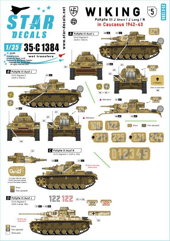 Star Decals 35-C1384 Wiking # 5. 5. SS-Wiking in Caucasus 1942-43. Pz III Ausf J short gun, Pz III Ausf J long gun and Pz III Ausf N. 1/35