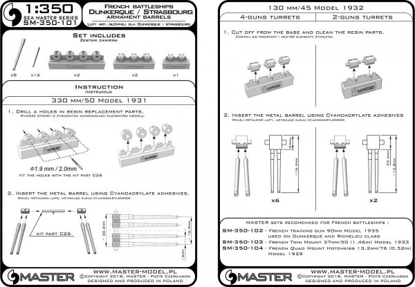 Master SM-350-101 Uzbrojenie pancernika Dunkerque/Strasbourg – lufy 330mm (8 szt.), 130 mm (16 szt.) wraz z żywicznymi elementami do osadzenia luf (1:350)