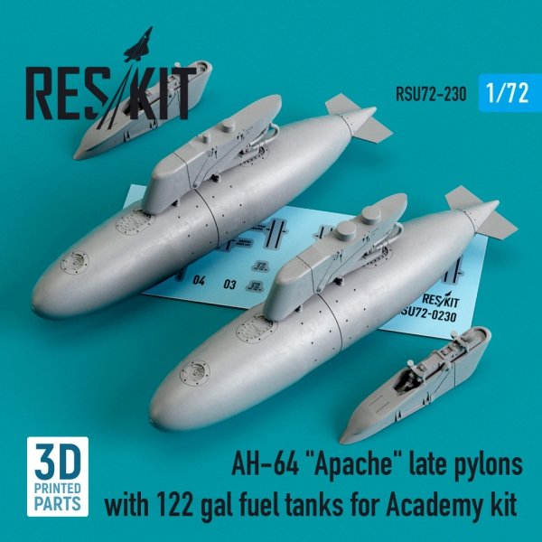 RESKIT RSU72-0230 AH-64 &quot;APACHE&quot; LATE PYLONS WITH 122 GAL FUEL TANKS FOR ACADEMY KIT (3D PRINTED) 1/72