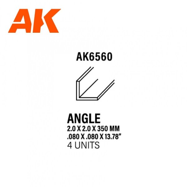 AK Interactive AK6560 ANGLE 2.0 X 2.0 X 350MM – STYRENE ANGLE – (4 UNITS)