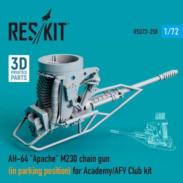 RESKIT RSU72-0258 AH-64 &quot;APACHE&quot; M230 CHAIN GUN (IN PARKING POSITION) FOR ACADEMY / AFV CLUB KIT (3D PRINTED) 1/72