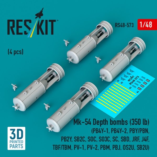 RESKIT RS48-0573 Mk-54 Depth bombs (350 lb) (4 pcs) (PB4Y-1, PB4Y-2, PBY/PBN, PB2Y, SB2C, SOC, SO3C, SC, SBD, JRF, J4F, TBF/TBM, PV-1, PV-2, PBM, PBJ, OS2U, SB2U) (3D Printed) (1/48)
