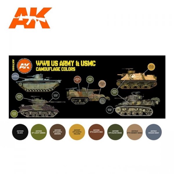 AK Interactive AK11668 WWII US ARMY AND USMC CAMOUFLAGE COLORS 8x17 ml