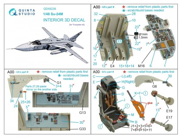 Quinta Studio QD48238 Su-24M 3D-Printed &amp; coloured Interior on decal paper ( Trumpeter ) 1/48