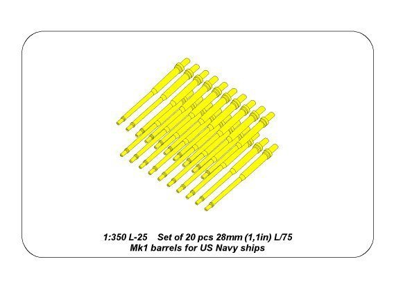 Aber 350L-25 Set of 20 pcs 28 mm (1,1in) L/75Mk.1 barrels for US Navy ships (1:350)