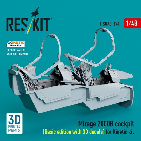 RESKIT RSU48-0374 Mirage 2000B cockpit (Basic edition with 3D decals) for Kinetic kit (3D Printed) (1/48)