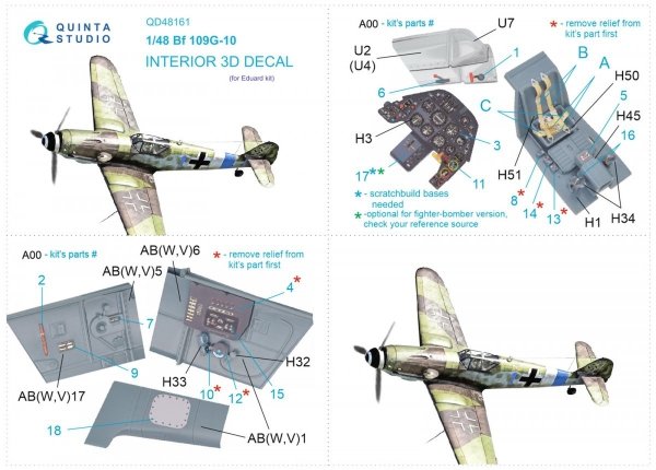 Quinta Studio QD48161 Bf 109G-10 3D-Printed &amp; coloured Interior on decal paper (Eduard) 1/48