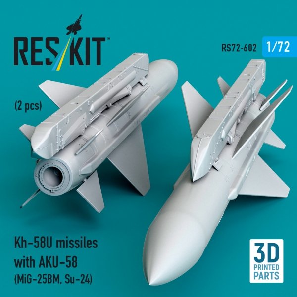 RESKIT RS72-0602 Kh-58U missiles with AKU-58 (2 pcs) (MiG-25BM, Su-24) (3D Printed) (1/72)