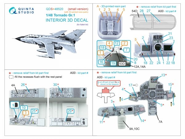 Quinta Studio QDS+48520 Tornado Gr.1 3D-Printed coloured Interior on decal paper (Italeri) (small version) (with 3D-printed resin parts) 1/48