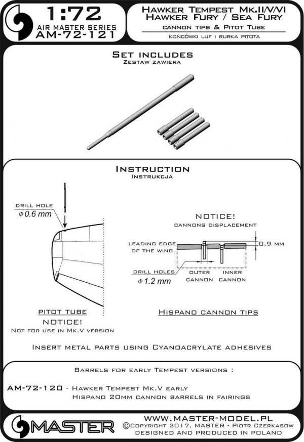 Master AM-72-121 Hawker Tempest Mk.II/V/VI i Hawker Fury/Sea Fury - końcówki luf Hispano Mk.V i Rurka Pitota (1:72)