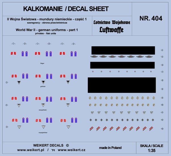 Weikert Decals DEC404 Mundury niemieckie - część 1 - luftwaffe - obrona przeciwlotnicza 1/35