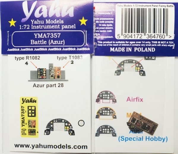 Yahu YMA7357 Fairey Battle Mk.I - Photoetched Instrument Panel (for Airfix, Frrom-Azur, MPM and Special Hobby kits) 1/72