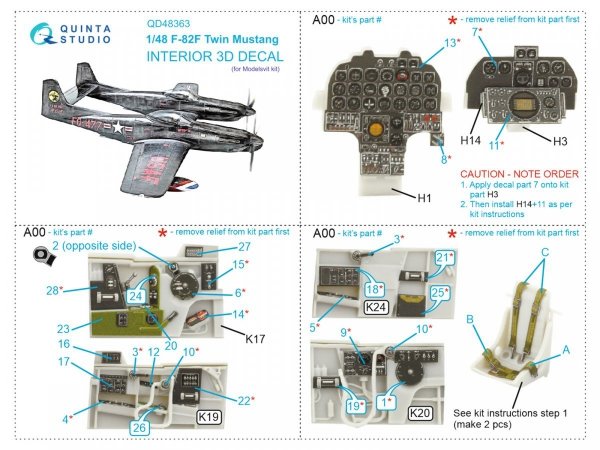 Quinta Studio QD48363 F-82F Twin Mustang 3D-Printed &amp; coloured Interior on decal paper (Modelsvit) 1/48