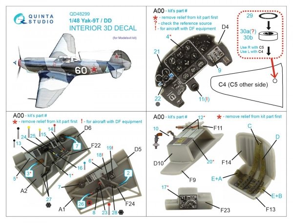 Quinta Studio QD48299 Yak-9T/DD 3D-Printed &amp; coloured Interior on decal paper (Modelsvit) 1/48