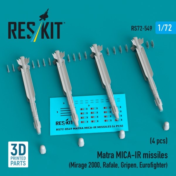 RESKIT RS72-0549 Matra MICA-IR missiles (4 pcs) (3D Printed) 1/72