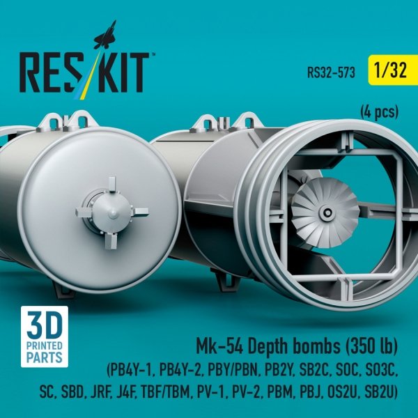 RESKIT RS32-0573 Mk-54 Depth bombs (350 lb) (4 pcs) (PB4Y-1, PB4Y-2, PBY/PBN, PB2Y, SB2C, SOC, SO3C, SC, SBD, JRF, J4F, TBF/TBM, PV-1, PV-2, PBM, PBJ, OS2U, SB2U) (3D Printed) (1/32)