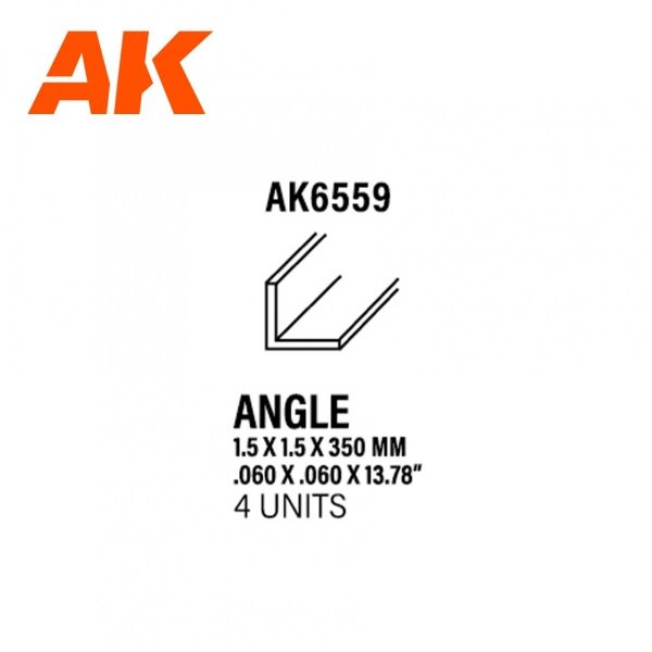 AK Interactive AK6559 ANGLE 1.50 X 1.50 X 350MM – STYRENE ANGLE – (4 UNITS)