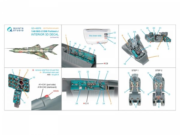 Quinta Studio QD+48576 MiG-21SM Fishbed-J 3D-Printed &amp; coloured Interior on decal paper (Eduard) (with 3D-printed resin parts) 1/48