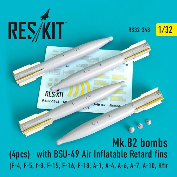 RESKIT RS32-0348 MK.82 BOMBS WITH BSU-49 AIR INFLATABLE RETARD FINS (4 PCS) 1/32