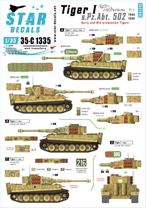 Star Decals 35-C1335 Tiger I. sPzAbt 502 # 3. Early / Mid production Tigers 1944-45. 1/35
