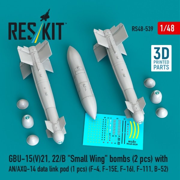 RESKIT RS48-0539 GBU-15(V)21, 22/B "Small Wing" bombs (2 pcs) with AN/AXQ-14 data link pod (1 pcs) (3D Printed) 1/48