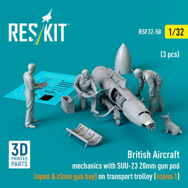RESKIT RSF32-0050 British Aircraft mechanics with SUU-23 20mm gun pod (open &amp; close gun bay) on on transport trolley (scene 1) (3 pcs) (3D Printed)  (1/32)