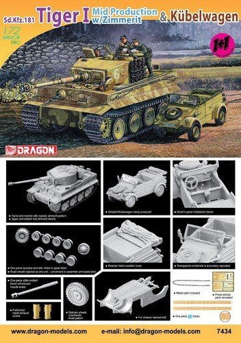Dragon 7434 Tiger I Mid Production with Zimmerit and Kubelwagen (1:72)