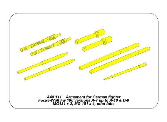 Aber A48111 Armament for German fighter Focke-Wulf Fw 190 A-7 up to A-10 and D-9; 2x MG 131; 4xMG 151; pitot tube 9 (1:48)