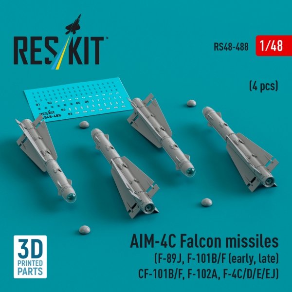RESKIT RS48-0488 AIM-4C Falcon missiles (4 pcs) (3d Printed)  1/48